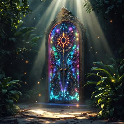 The primary subject of the image is a large, colorful door with a sun design on it. The door is open, revealing a brightly lit interior. The setting is a forest, with trees surrounding the door. The visual style of the image is a digital art or illustration, featuring a vibrant and lively atmosphere. The dominant colors are blue, green, and yellow, creating a sense of warmth and energy.